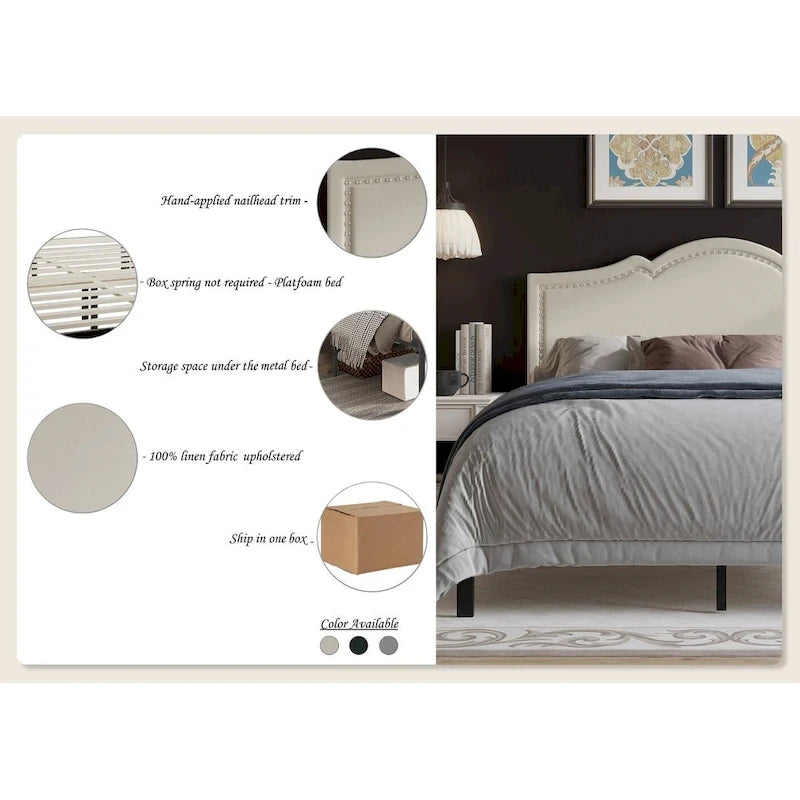 Elegant Linen Nailhead Upholstered Platform Bed