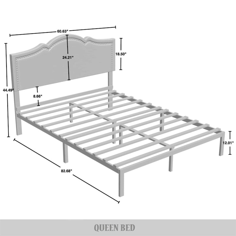 Elegant Linen Nailhead Upholstered Platform Bed