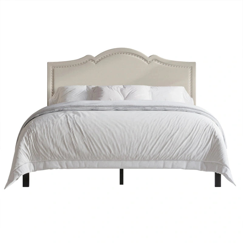 Elegant Linen Nailhead Upholstered Platform Bed