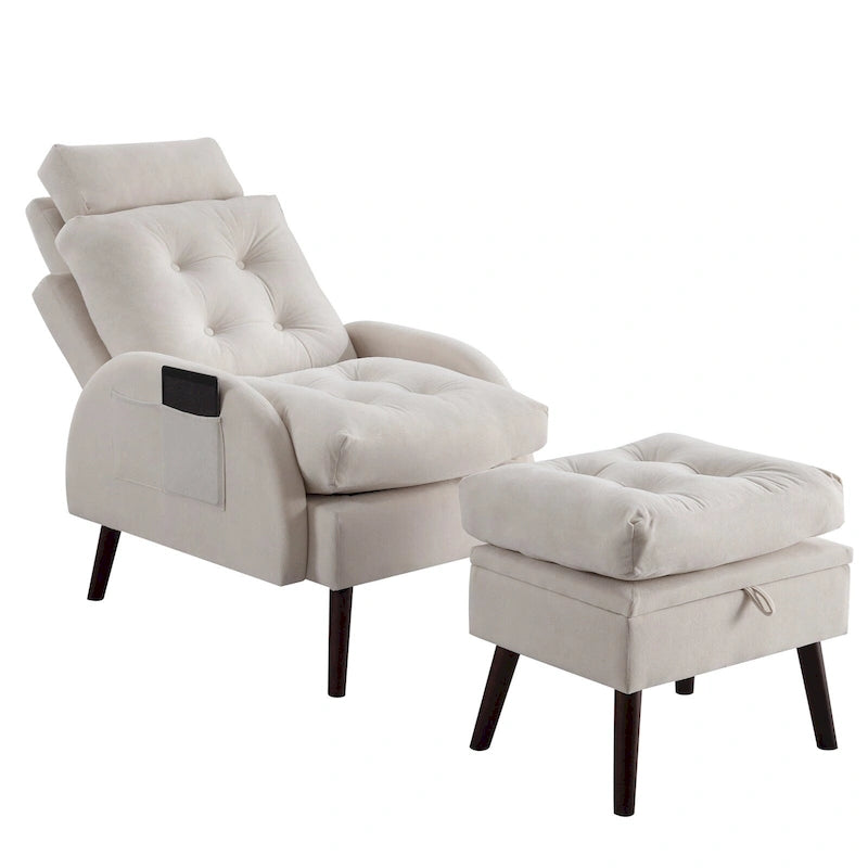 Upholstered Chaise Lounge Chair with Adjustable Backrest Storage Ottoman