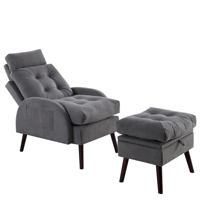 Upholstered Chaise Lounge Chair with Adjustable Backrest Storage Ottoman