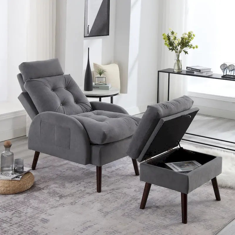 Upholstered Chaise Lounge Chair with Adjustable Backrest Storage Ottoman