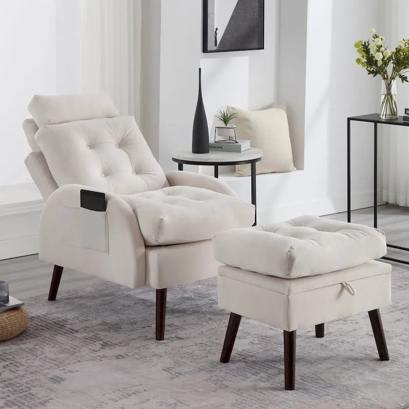 Upholstered Chaise Lounge Chair with Adjustable Backrest Storage Ottoman