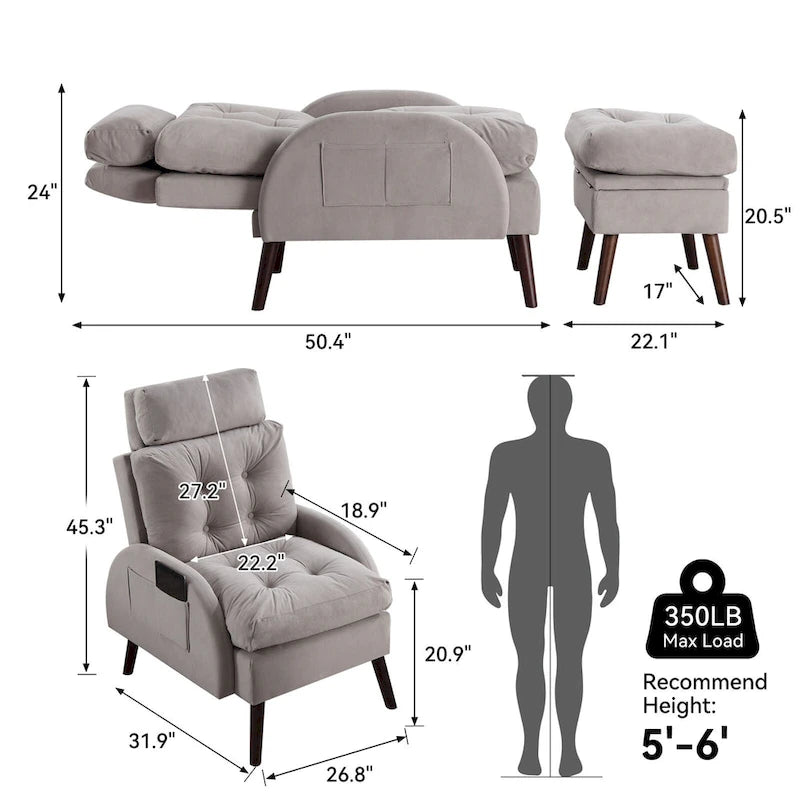 Upholstered Chaise Lounge Chair with Adjustable Backrest Storage Ottoman