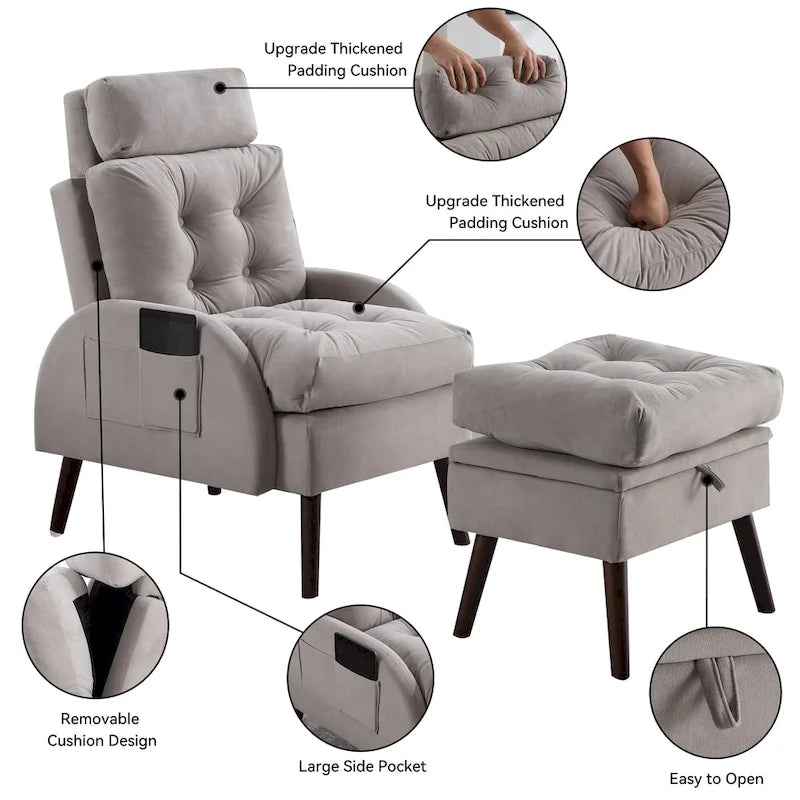 Upholstered Chaise Lounge Chair with Adjustable Backrest Storage Ottoman