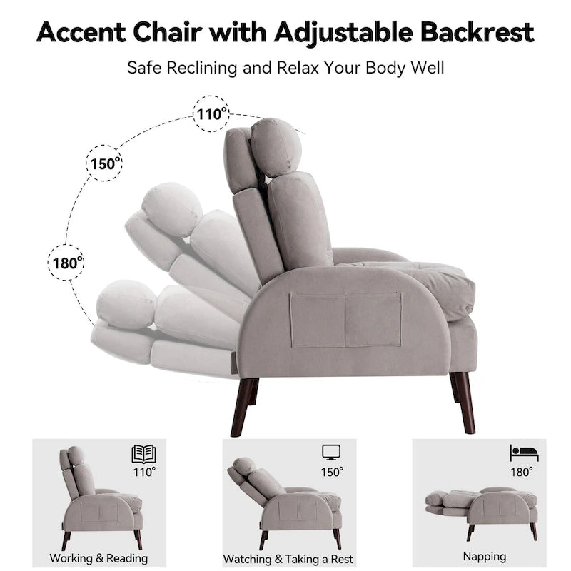 Upholstered Chaise Lounge Chair with Adjustable Backrest Storage Ottoman