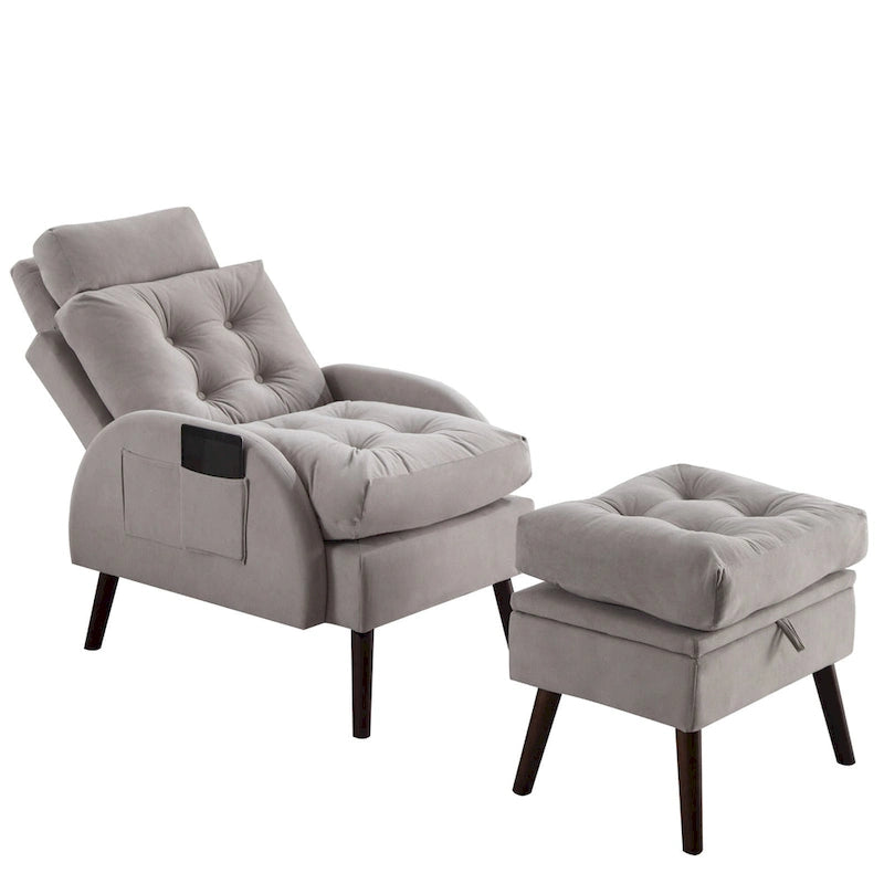 Upholstered Chaise Lounge Chair with Adjustable Backrest Storage Ottoman