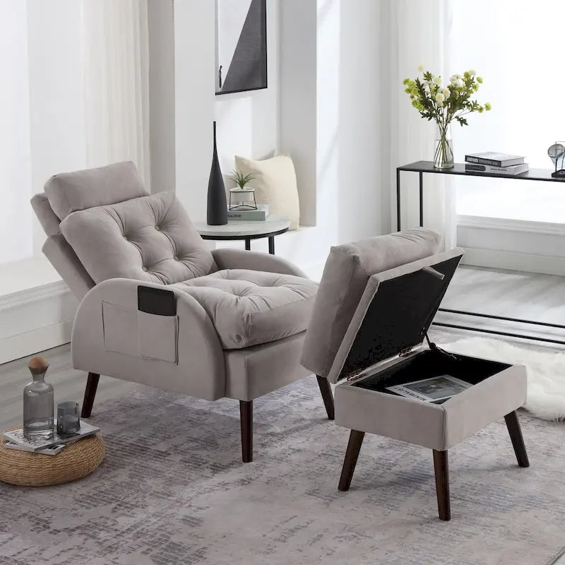 Upholstered Chaise Lounge Chair with Adjustable Backrest Storage Ottoman