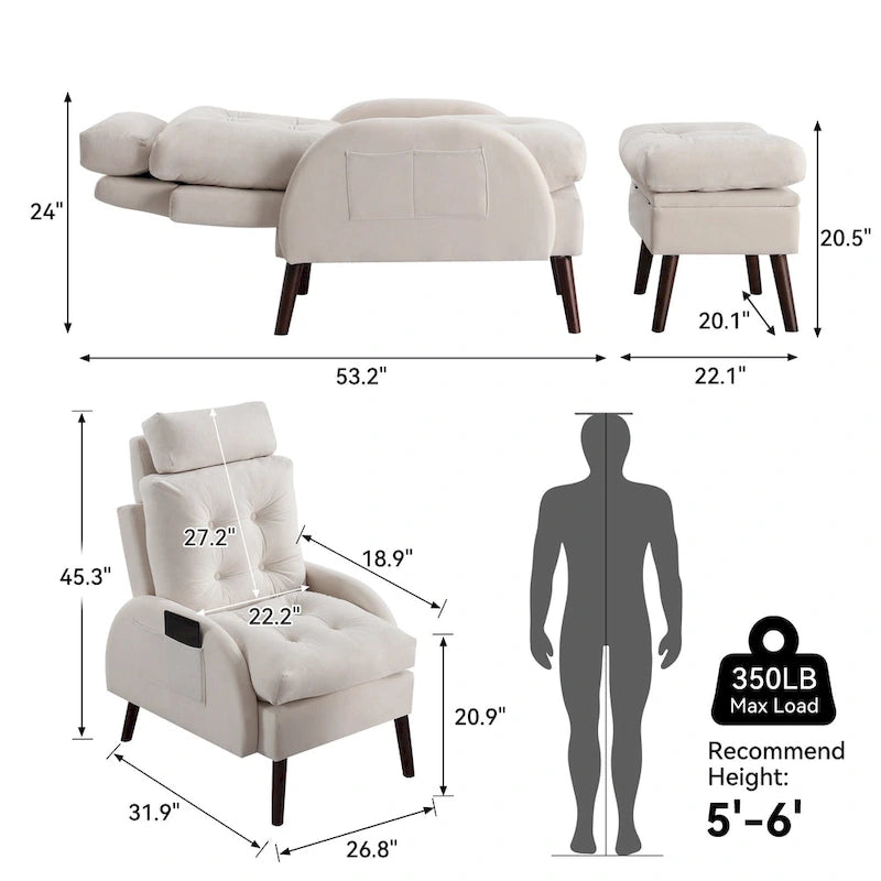 Upholstered Chaise Lounge Chair with Adjustable Backrest Storage Ottoman