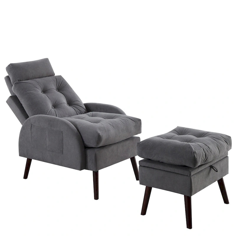 Upholstered Chaise Lounge Chair with Adjustable Backrest Storage Ottoman