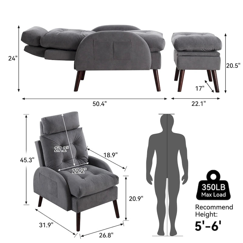Upholstered Chaise Lounge Chair with Adjustable Backrest Storage Ottoman