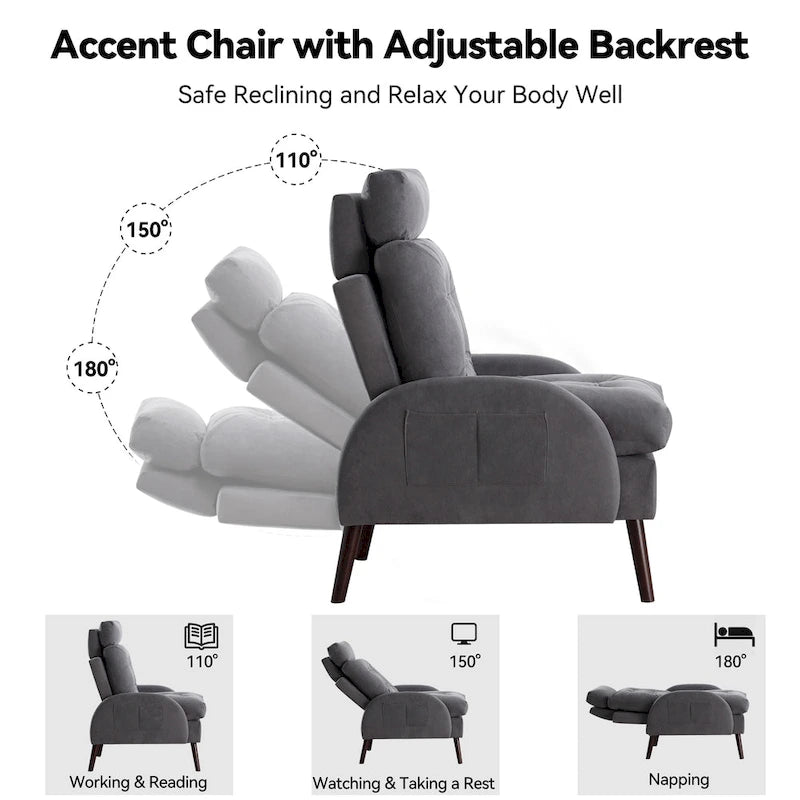 Upholstered Chaise Lounge Chair with Adjustable Backrest Storage Ottoman