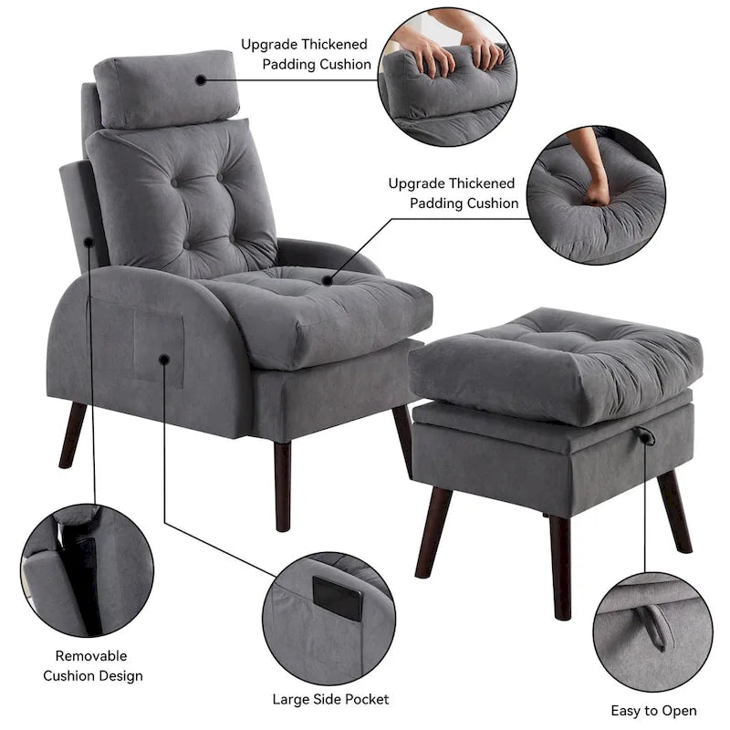 Upholstered Chaise Lounge Chair with Adjustable Backrest Storage Ottoman