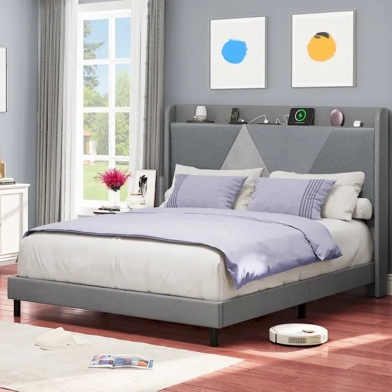 Moasis Queen Linen Bed Frame with Splice Geometry Headboard