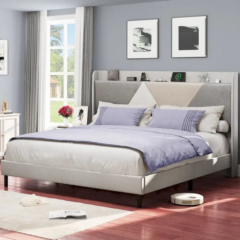 Linen Bed Frame with Splice Geometry Headboard