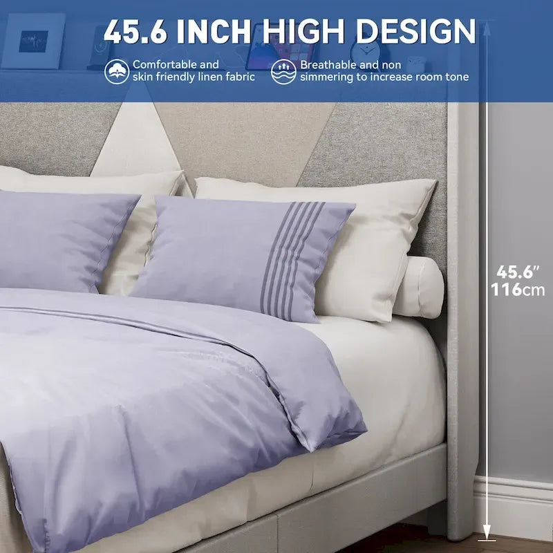 Linen Bed Frame with Splice Geometry Headboard