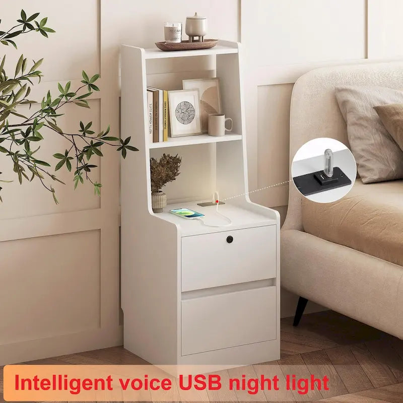 Modern Smart Nightstand with Charging Station and Night Light