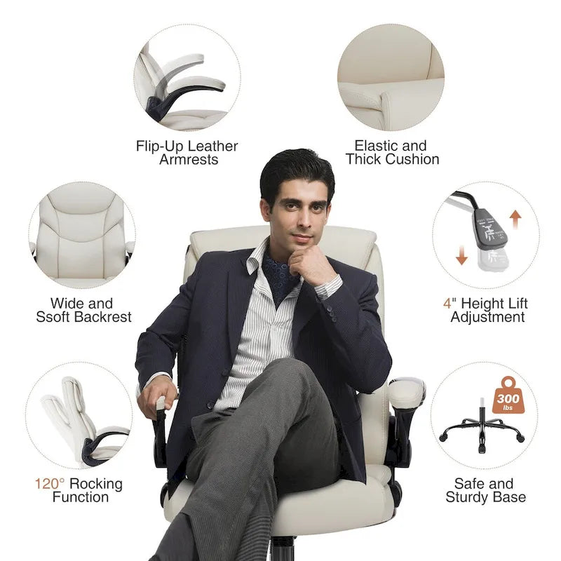 Sedia direzionale da ufficio in similpelle PU, con schienale alto, braccioli ribaltabili, ergonomica e regolabile, per ufficio domestico