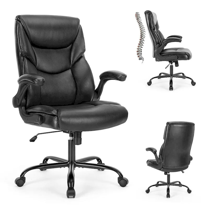 Sedia direzionale da ufficio in similpelle PU, con schienale alto, braccioli ribaltabili, ergonomica e regolabile, per ufficio domestico