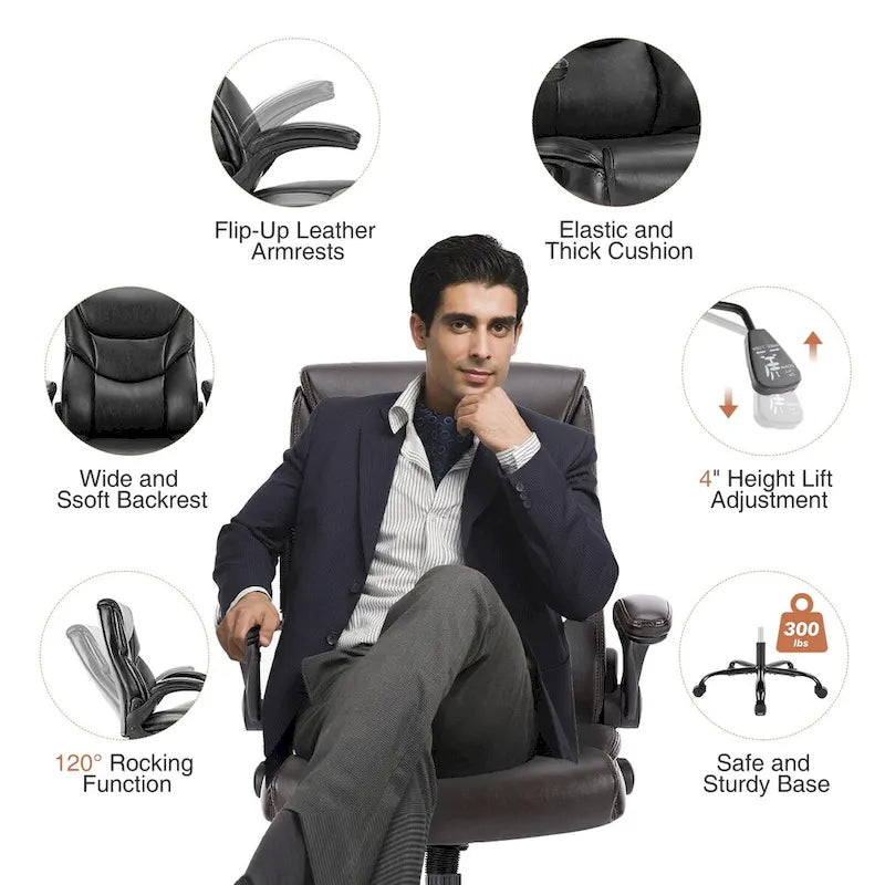 Sedia direzionale da ufficio in similpelle PU, con schienale alto, braccioli ribaltabili, ergonomica e regolabile, per ufficio domestico