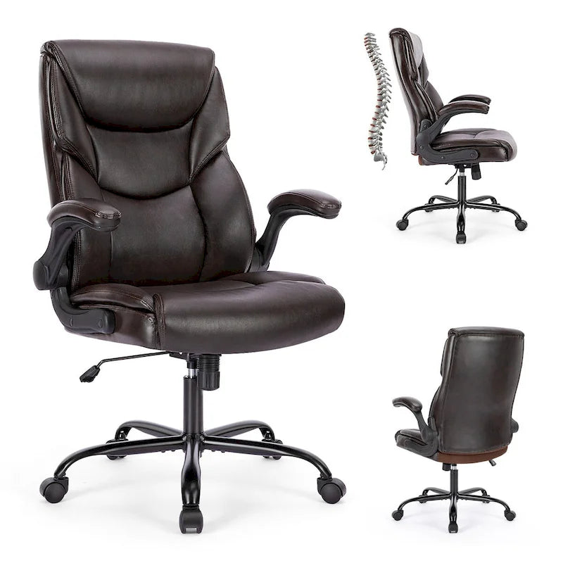 Sedia direzionale da ufficio in similpelle PU, con schienale alto, braccioli ribaltabili, ergonomica e regolabile, per ufficio domestico