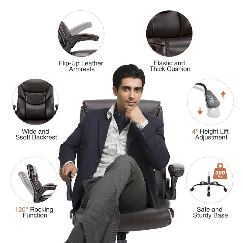 Sedia direzionale da ufficio in similpelle PU, con schienale alto, braccioli ribaltabili, ergonomica e regolabile, per ufficio domestico