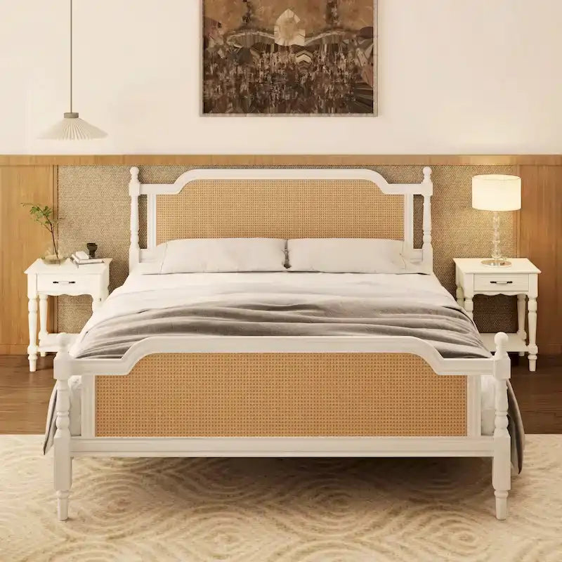Traditional Style Rattan Platform Bed Frame No Box Spring Needed