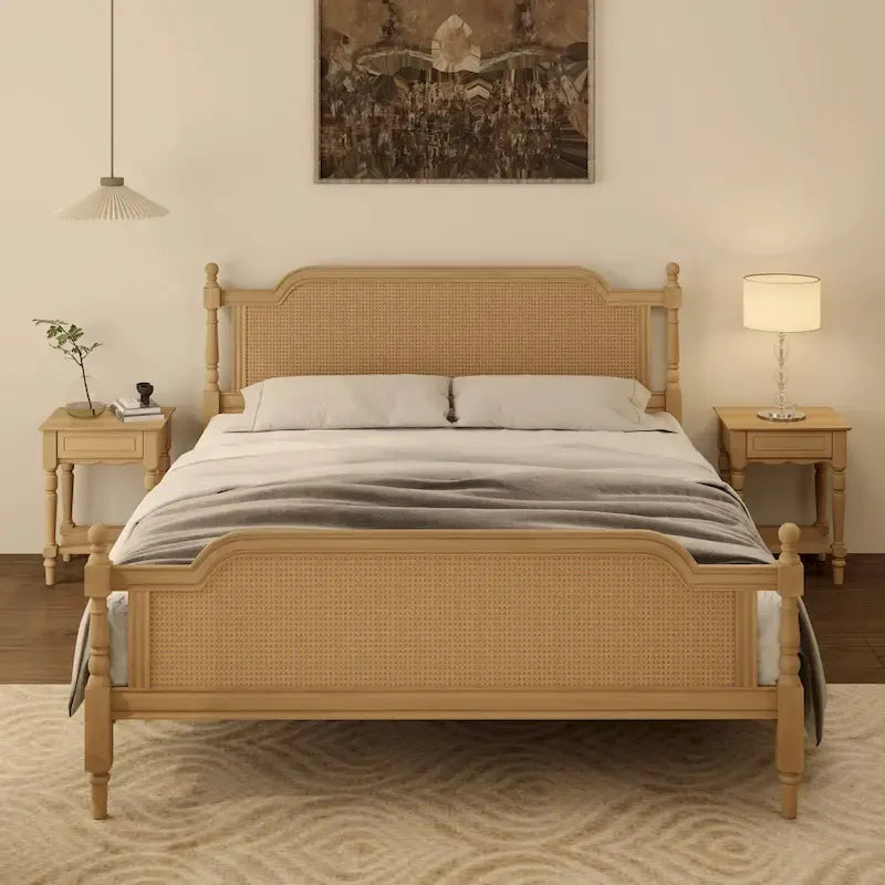 Struttura letto a piattaforma in stile tradizionale, in rattan, senza necessità di rete a molle
