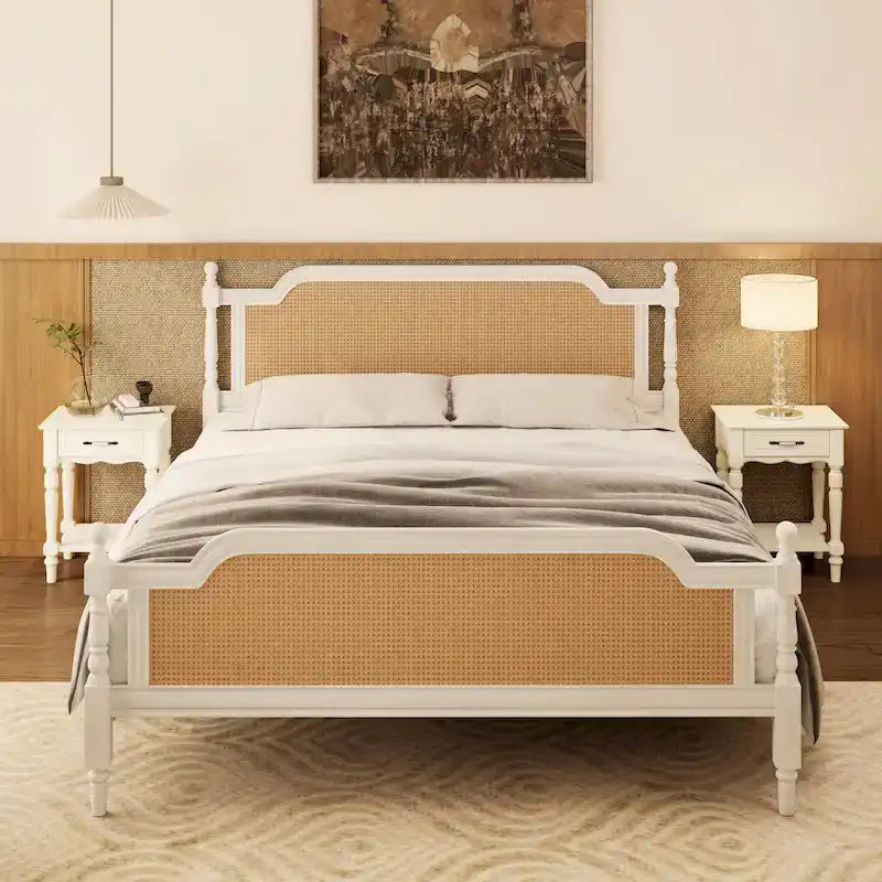 Struttura letto a piattaforma in stile tradizionale, in rattan, senza necessità di rete a molle