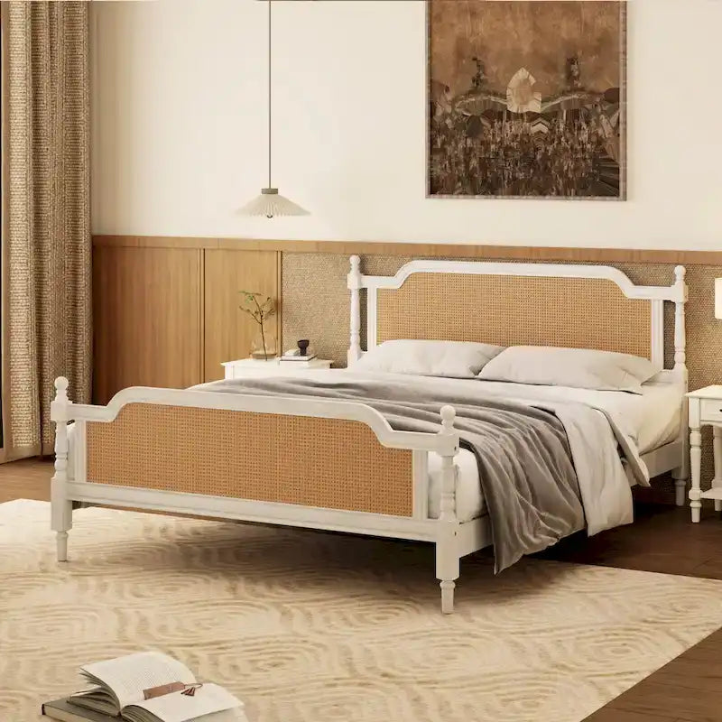 Struttura letto a piattaforma in stile tradizionale, in rattan, senza necessità di rete a molle