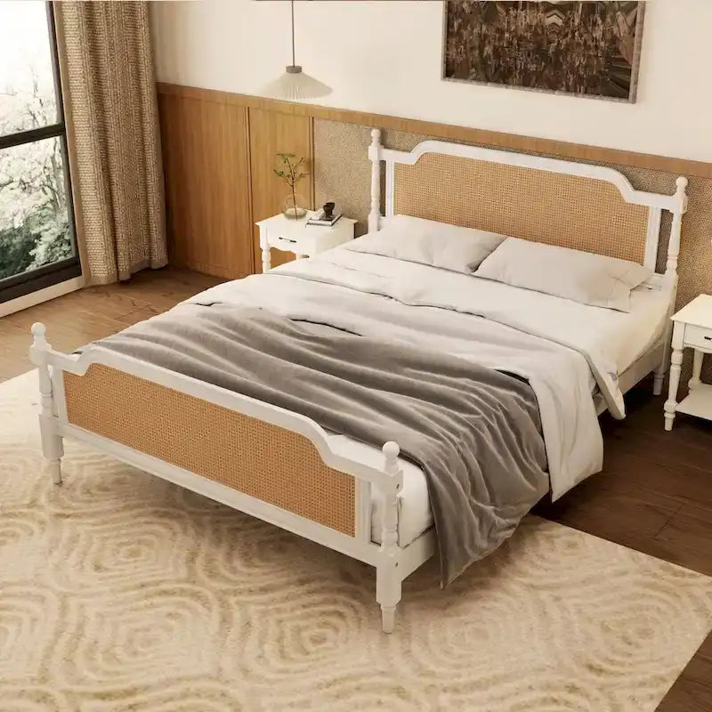 Struttura letto a piattaforma in stile tradizionale, in rattan, senza necessità di rete a molle