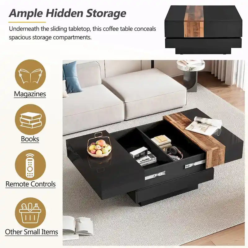 31.4 Square Coffee Table with Sliding Top and Hidden Storage